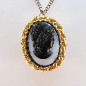 Vintage 2 Sided Cameo and Medana Wind Up Watch Pendant Necklace